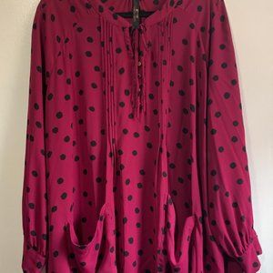 Pink Polka Dot Button Up Blouse with Pockets